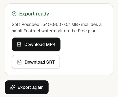 Export ready, with Download MP4 and Download SRT buttons