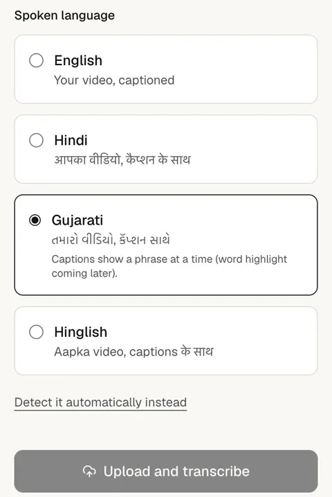 Choosing the spoken language: English, Hindi, Gujarati (selected) or Hinglish