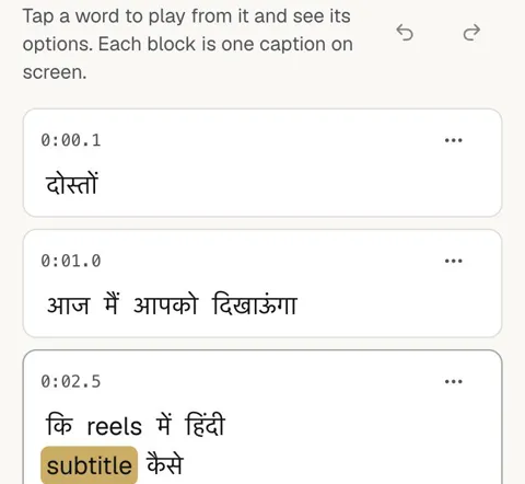 The Transcript tab with Hindi captions in blocks, one word highlighted as it plays
