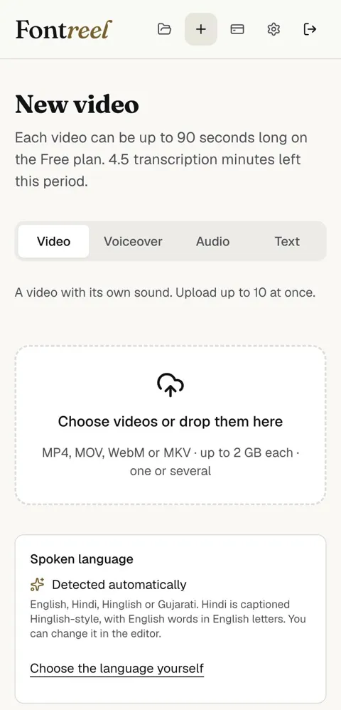 Fontreel's New video screen on a phone: an upload box and the spoken language set to detect automatically